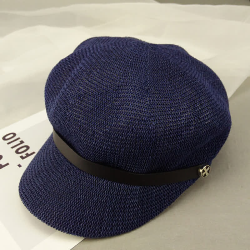 Cappello basco ottagonale in paglia con fascia in pelle nera elegante da donna