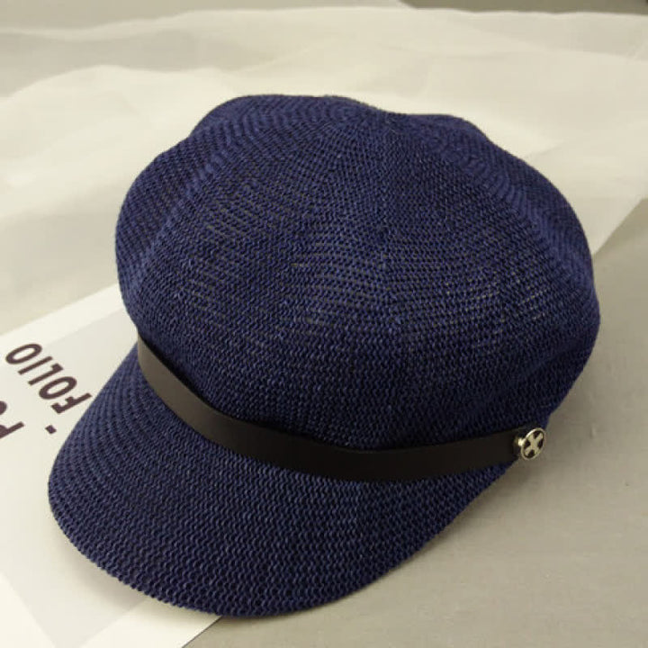 Cappello basco ottagonale in paglia con fascia in pelle nera elegante da donna