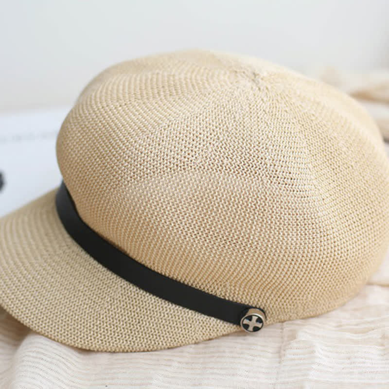 Cappello basco ottagonale in paglia con fascia in pelle nera elegante da donna