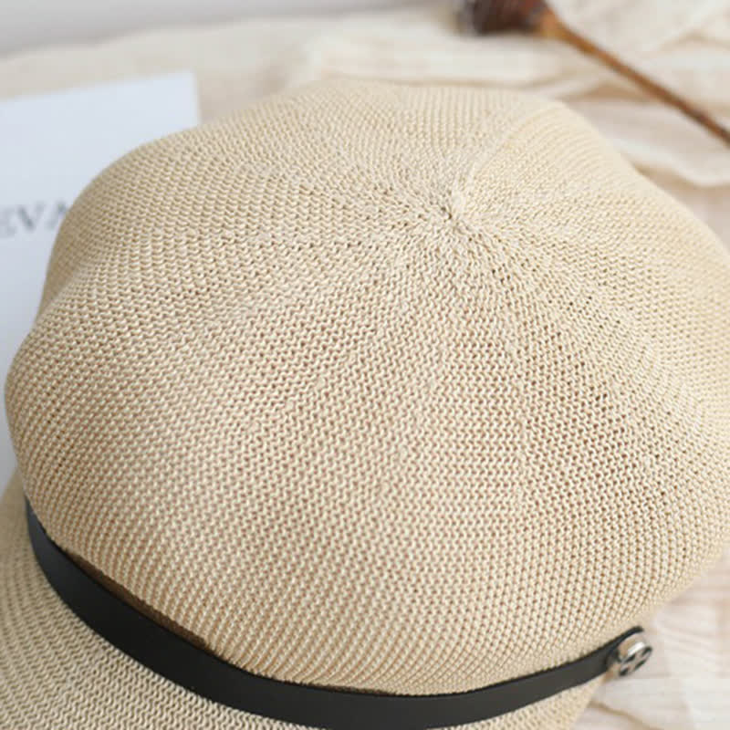 Cappello basco ottagonale in paglia con fascia in pelle nera elegante da donna