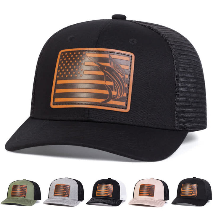 Cappello da camionista con etichetta in pelle di squalo e bandiera USA