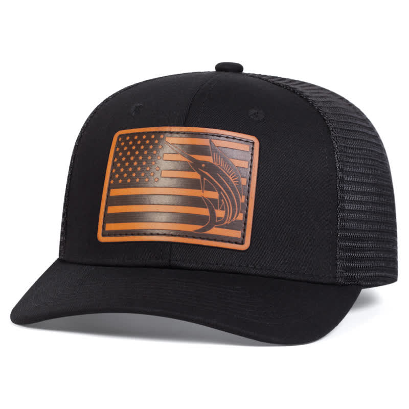 Cappello da camionista con etichetta in pelle di squalo e bandiera USA