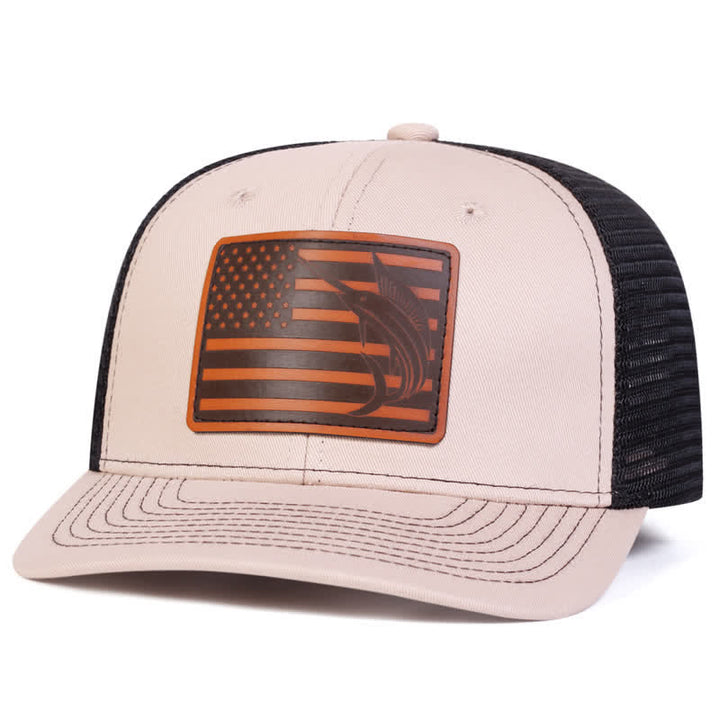 Cappello da camionista con etichetta in pelle di squalo e bandiera USA