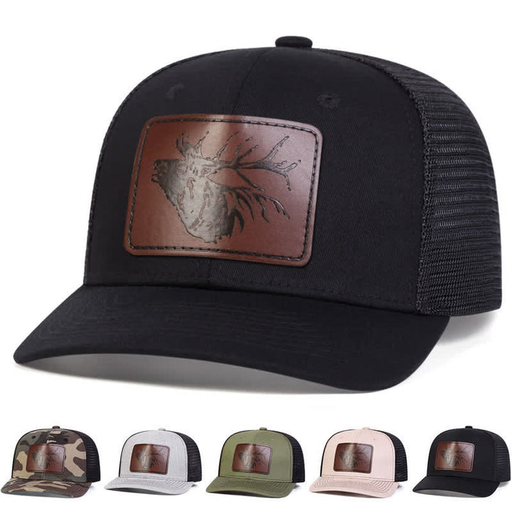 Cappello da camionista con etichetta in pelle con grande testa di cervo