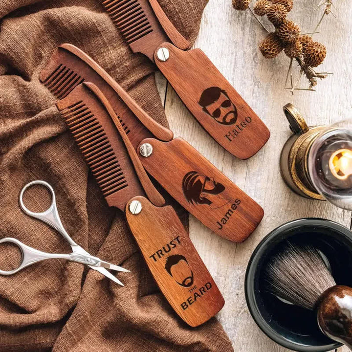 Pettine per barba e capelli pieghevole in legno con nome intagliato personalizzato