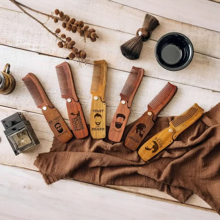 Pettine per barba e capelli pieghevole in legno con nome intagliato personalizzato
