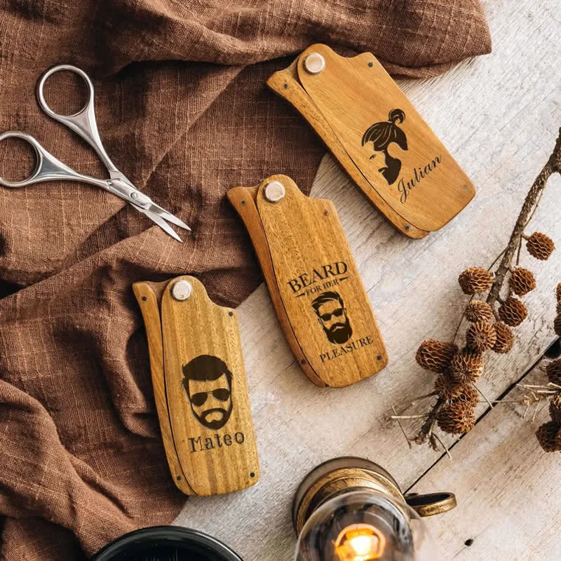 Pettine per barba e capelli pieghevole in legno con nome intagliato personalizzato