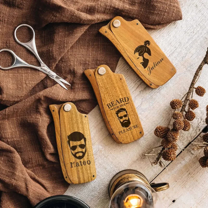 Pettine per barba e capelli pieghevole in legno con nome intagliato personalizzato