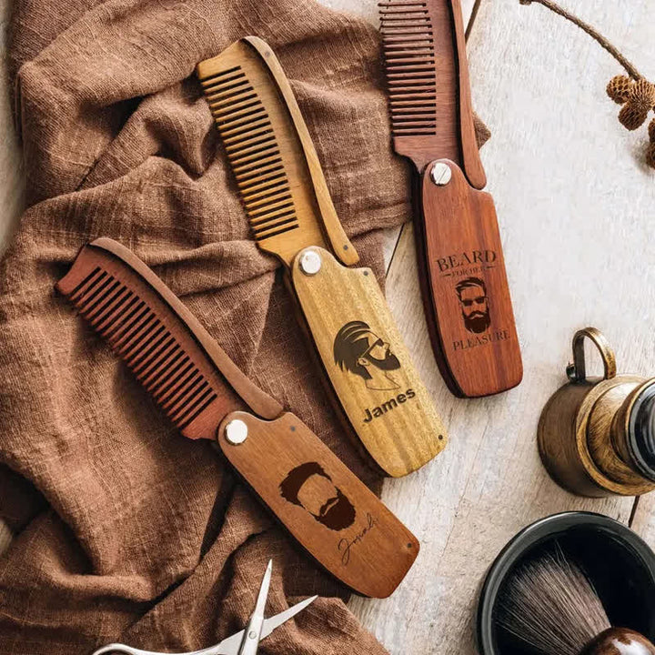 Pettine per barba e capelli pieghevole in legno con nome intagliato personalizzato