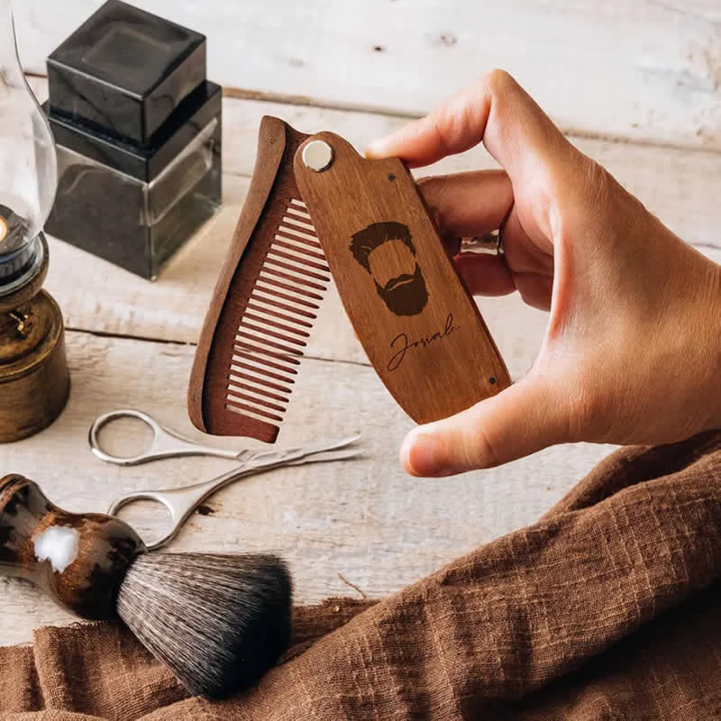 Pettine per barba e capelli pieghevole in legno con nome intagliato personalizzato - image 1