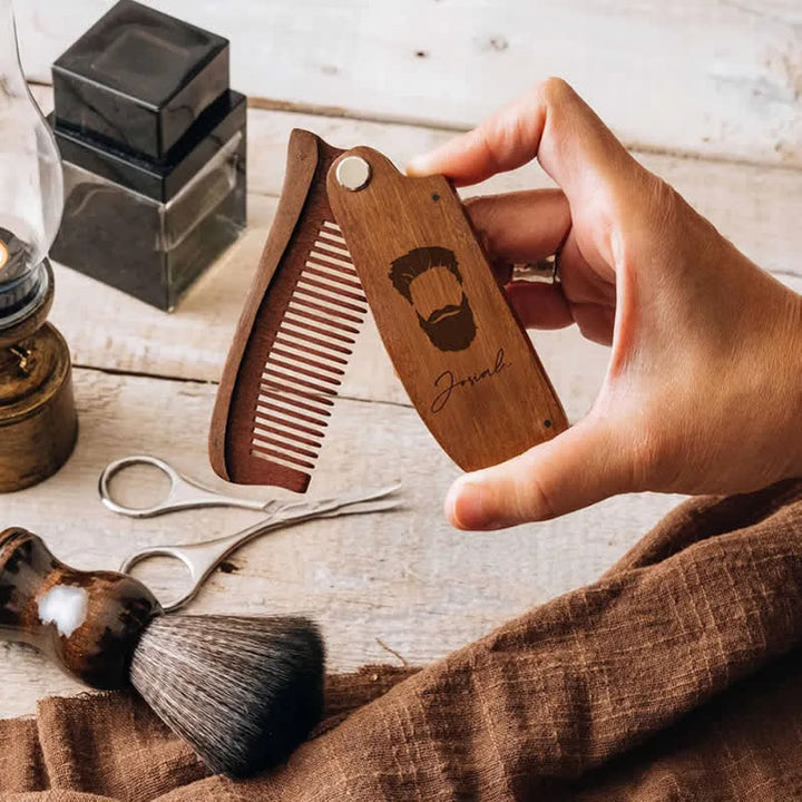 Pettine per barba e capelli pieghevole in legno con nome intagliato personalizzato - image 1