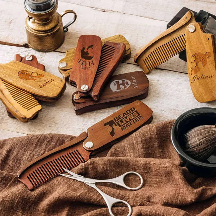 Pettine per barba e capelli pieghevole in legno con nome intagliato personalizzato