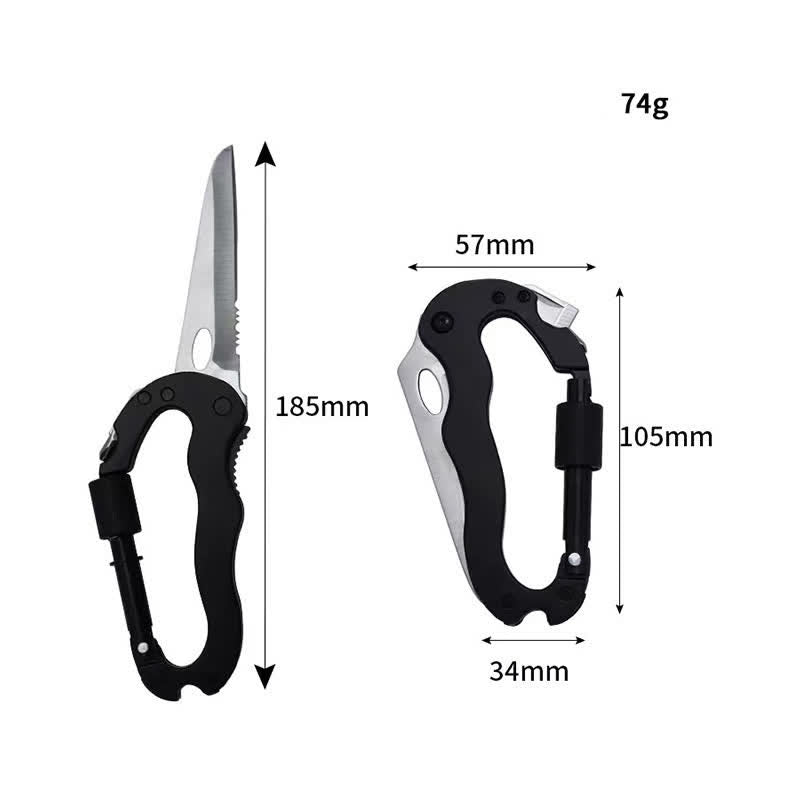 Coltello pieghevole multiuso 5 in 1 con moschettone e fibbia a forma di D