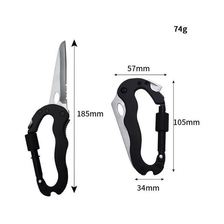 Coltello pieghevole multiuso 5 in 1 con moschettone e fibbia a forma di D