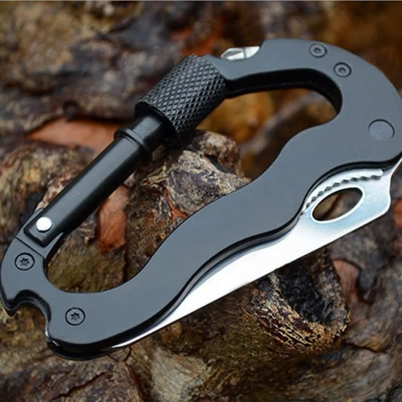 Coltello pieghevole multiuso 5 in 1 con moschettone e fibbia a forma di D - Nero - image 0
