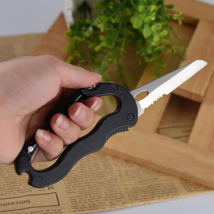 Coltello pieghevole multiuso 5 in 1 con moschettone e fibbia a forma di D