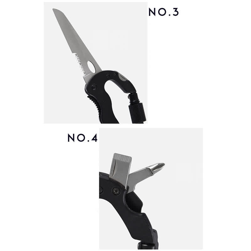 Coltello pieghevole multiuso 5 in 1 con moschettone e fibbia a forma di D