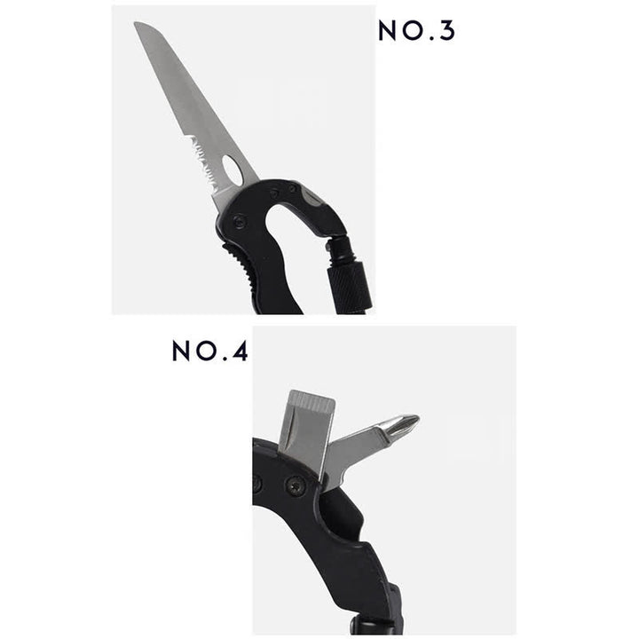 Coltello pieghevole multiuso 5 in 1 con moschettone e fibbia a forma di D
