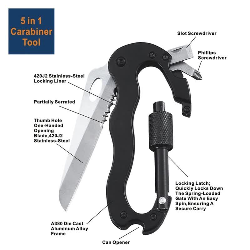 Coltello pieghevole multiuso 5 in 1 con moschettone e fibbia a forma di D