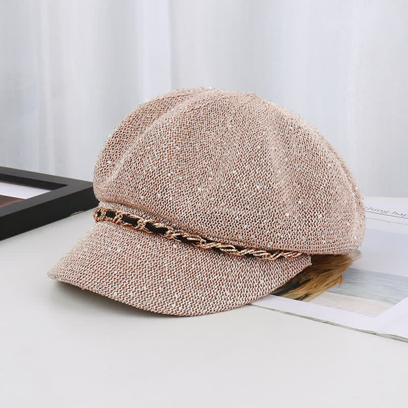 Cappello basco ottagonale in paglia con paillettes e catena d'oro da donna - Cachi - Regolabile (22"-22 7/8") - image 4