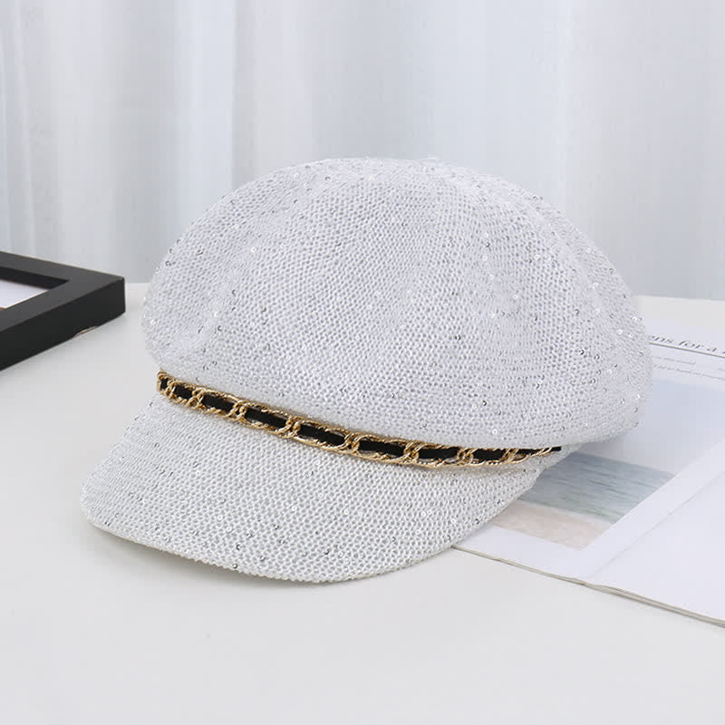 Cappello basco ottagonale in paglia con paillettes e catena d'oro da donna - Bianco - Regolabile (22"-22 7/8") - image 9