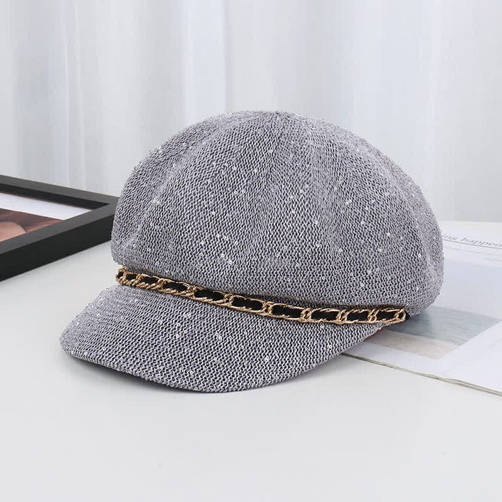 Cappello basco ottagonale in paglia con paillettes e catena d'oro da donna - Grigio - Regolabile (22"-22 7/8") - image 0