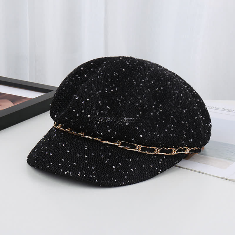 Cappello basco ottagonale in paglia con paillettes e catena d'oro da donna - Nero - Regolabile (22"-22 7/8") - image 10