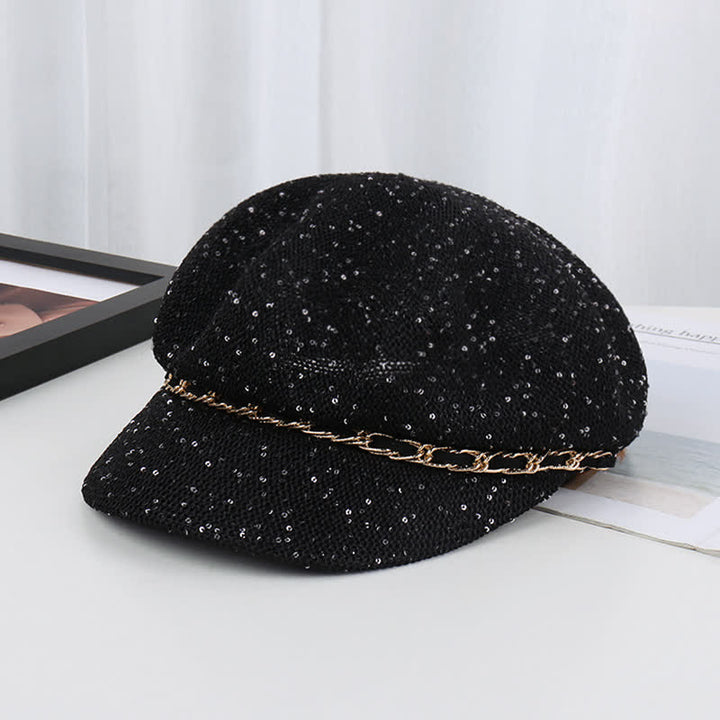 Cappello basco ottagonale in paglia con paillettes e catena d'oro da donna - Nero - Regolabile (22"-22 7/8") - image 10
