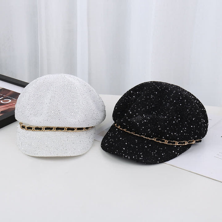 Cappello basco ottagonale in paglia con paillettes e catena d'oro da donna
