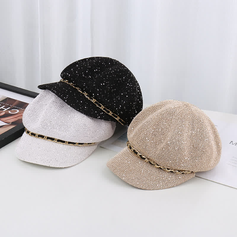 Cappello basco ottagonale in paglia con paillettes e catena d'oro da donna