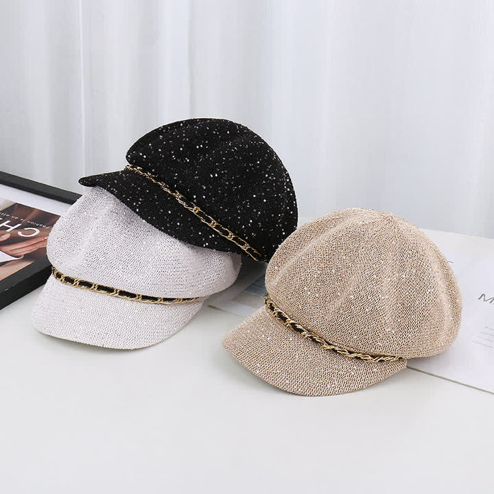 Cappello basco ottagonale in paglia con paillettes e catena d'oro da donna