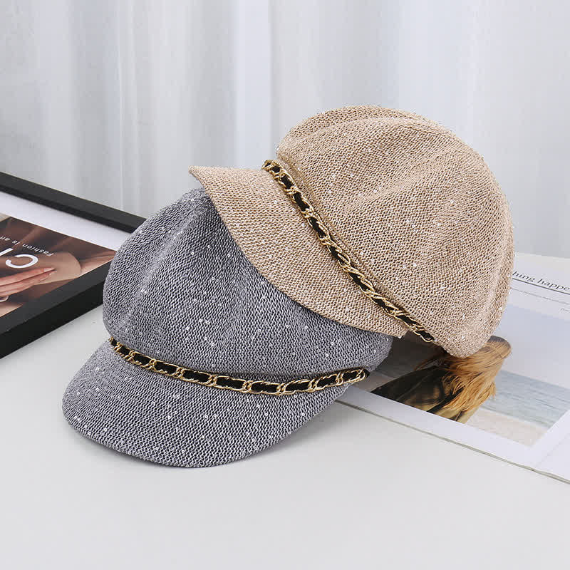 Cappello basco ottagonale in paglia con paillettes e catena d'oro da donna
