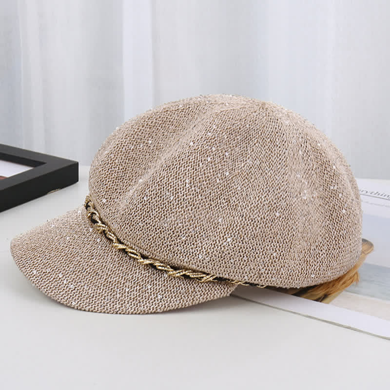 Cappello basco ottagonale in paglia con paillettes e catena d'oro da donna