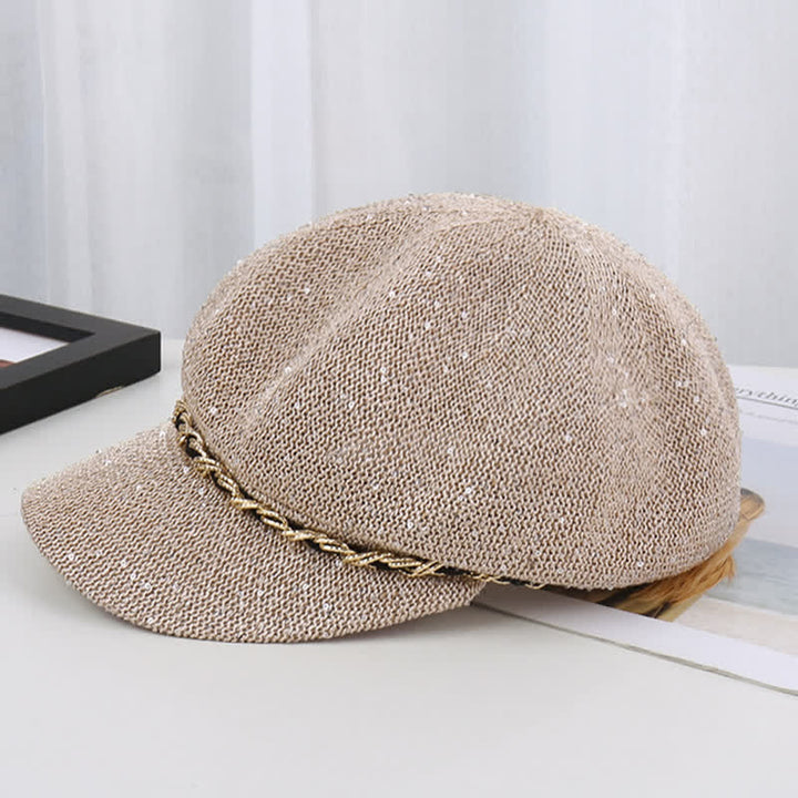 Cappello basco ottagonale in paglia con paillettes e catena d'oro da donna