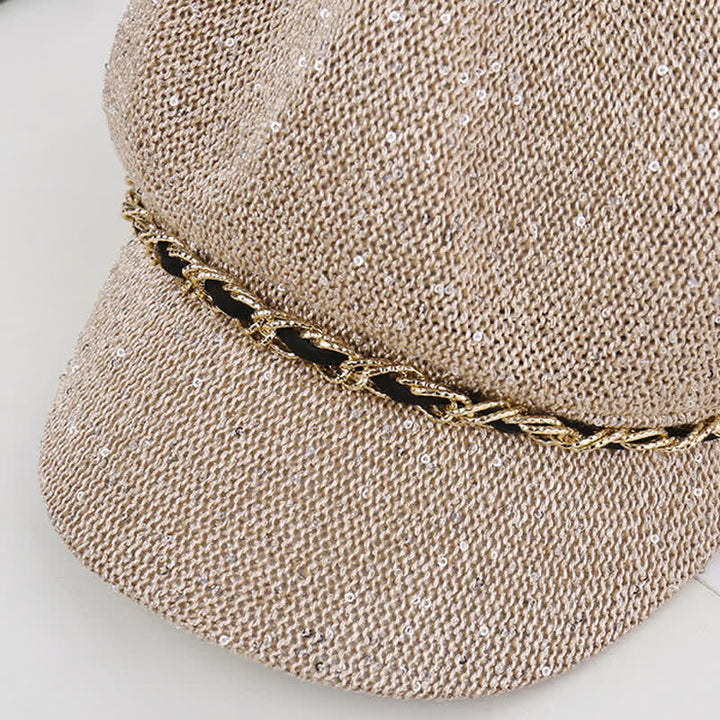 Cappello basco ottagonale in paglia con paillettes e catena d'oro da donna