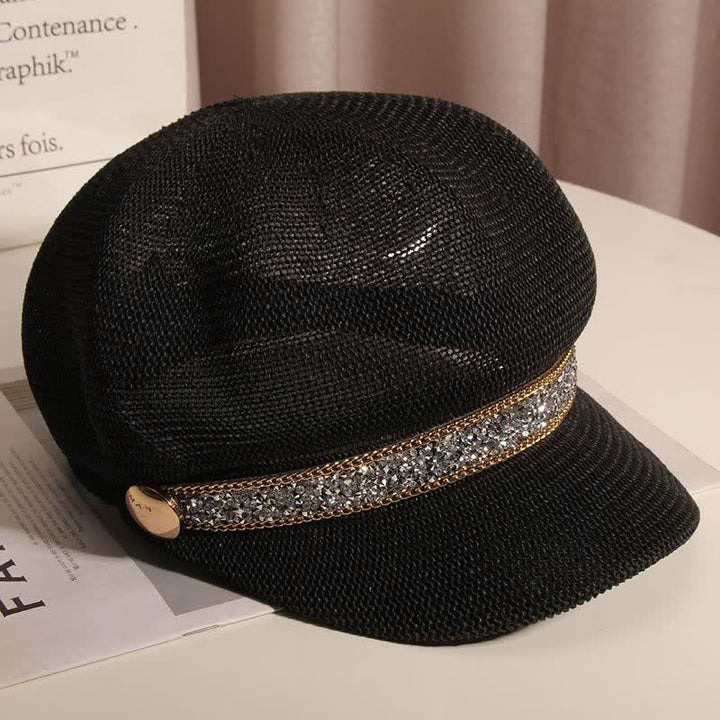 Cappello basco in paglia con catena in oro e strass argentati, elegante da donna