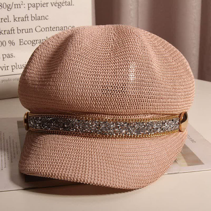 Cappello basco in paglia con catena in oro e strass argentati, elegante da donna