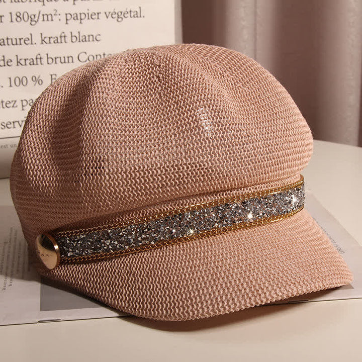 Cappello basco in paglia con catena in oro e strass argentati, elegante da donna