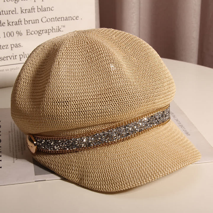 Cappello basco in paglia con catena in oro e strass argentati, elegante da donna