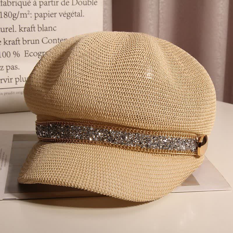 Cappello basco in paglia con catena in oro e strass argentati, elegante da donna