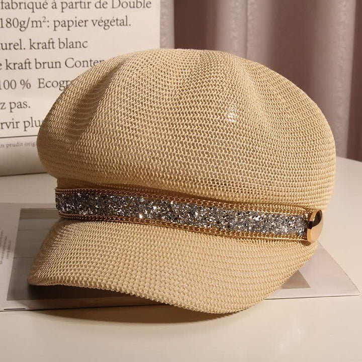 Cappello basco in paglia con catena in oro e strass argentati, elegante da donna