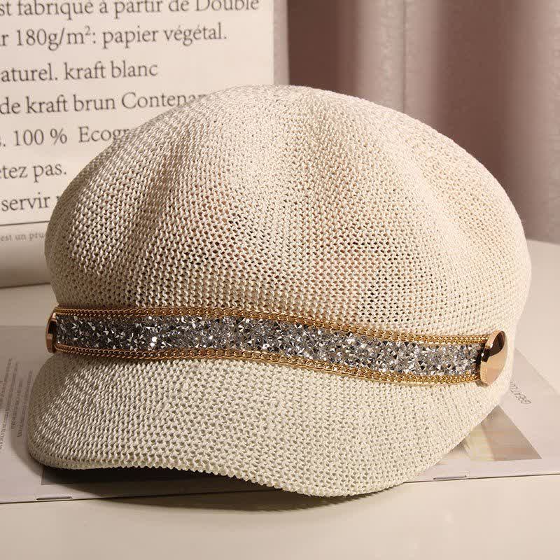Cappello basco in paglia con catena in oro e strass argentati, elegante da donna