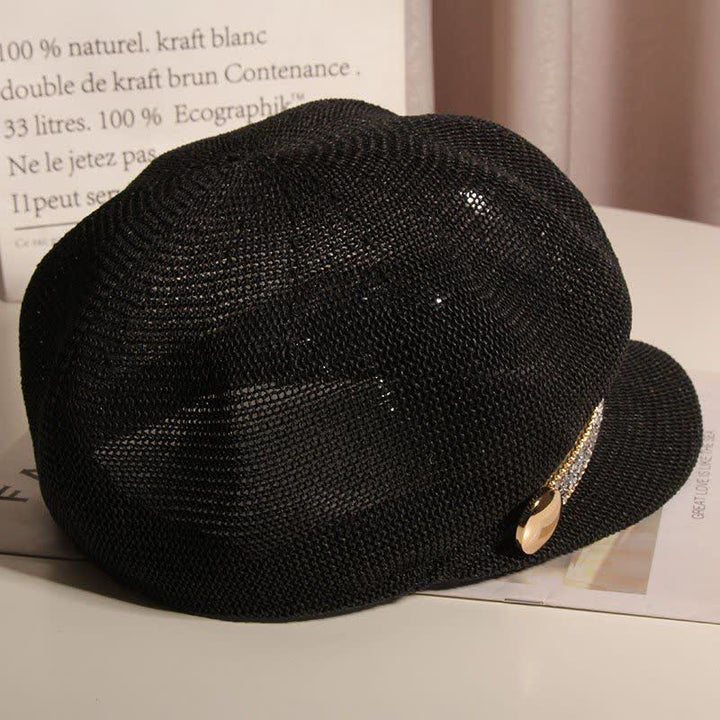Cappello basco in paglia con catena in oro e strass argentati, elegante da donna