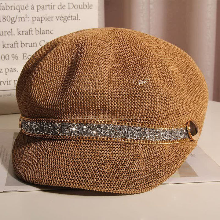 Cappello basco in paglia con catena in oro e strass argentati, elegante da donna