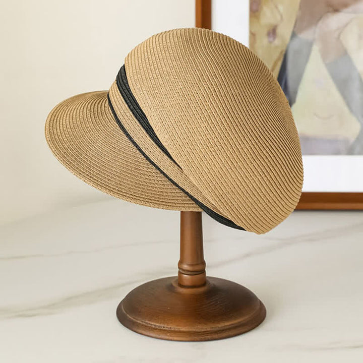 Cappello da spiaggia in paglia con visiera intrecciata a righe, classico da donna - image 2