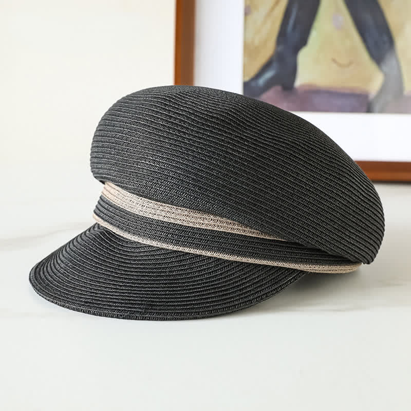 Cappello da spiaggia in paglia con visiera intrecciata a righe, classico da donna