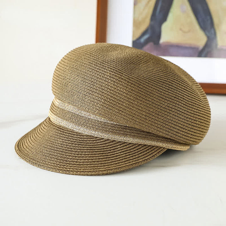 Cappello da spiaggia in paglia con visiera intrecciata a righe, classico da donna
