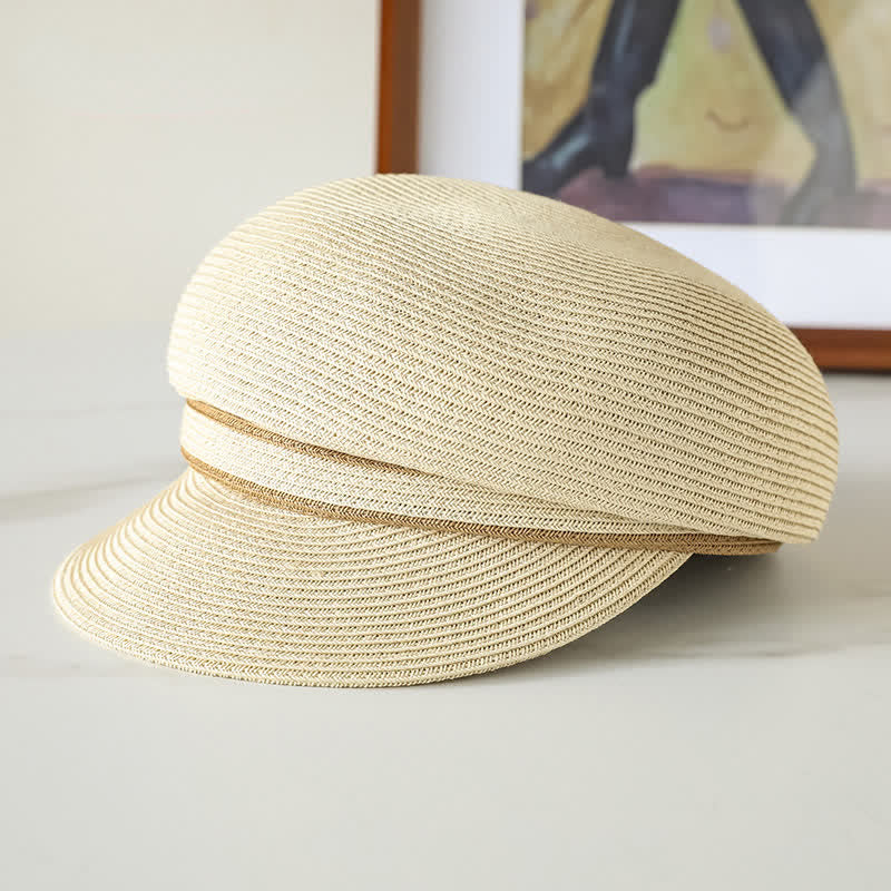 Cappello da spiaggia in paglia con visiera intrecciata a righe, classico da donna