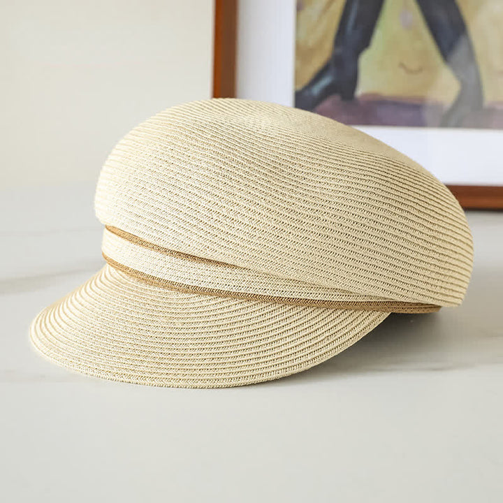 Cappello da spiaggia in paglia con visiera intrecciata a righe, classico da donna