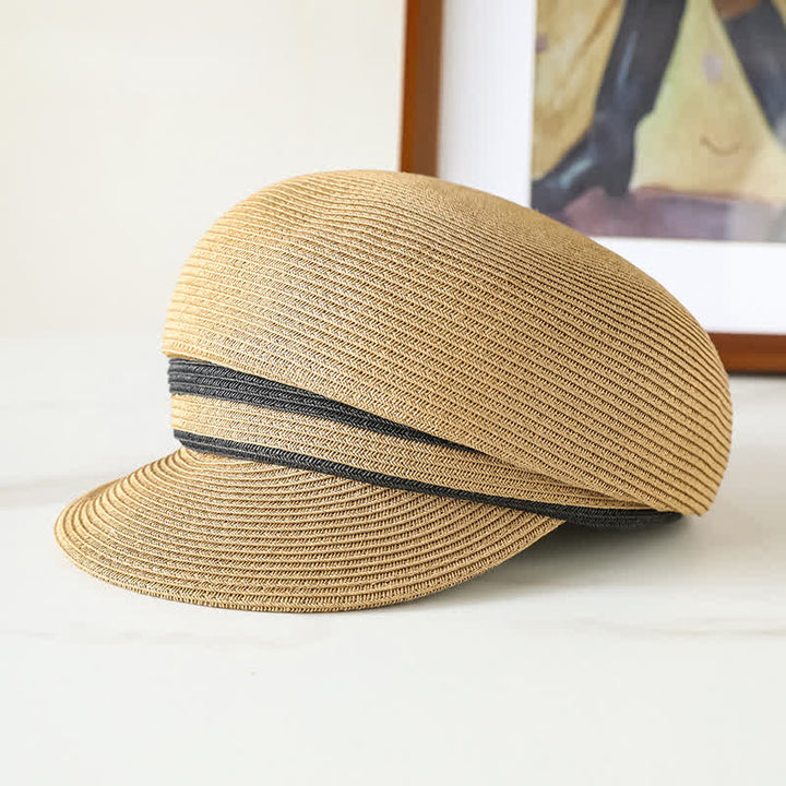 Cappello da spiaggia in paglia con visiera intrecciata a righe, classico da donna
